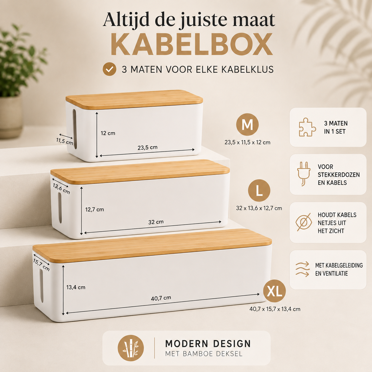 Kabelbox 3-Delig — Wit | Kunststof met Bamboe Deksel