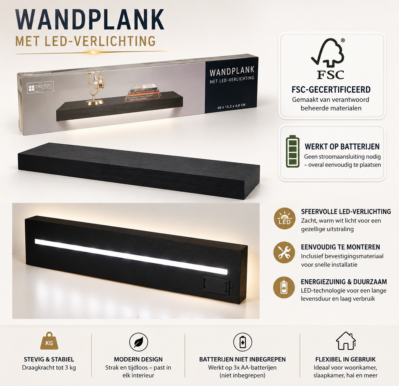 Wandplank "Lumina" Zwevende wandplank - Met LED Verlichting | Mat Zwart