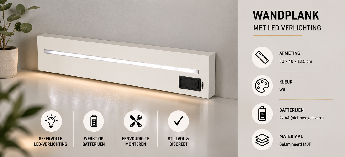 Wandplank "Lumina" Zwevende wandplank - Met LED Verlichting | Wit