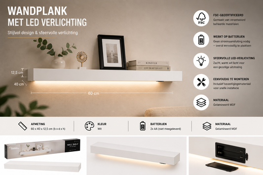 Wandplank "Lumina" Zwevende wandplank - Met LED Verlichting | Wit