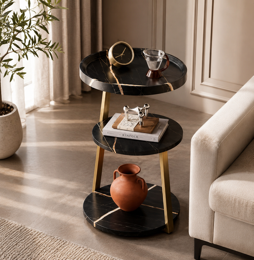 Ronde bijzettafel zwart marmerlook goud frame 3 niveaus 60 cm