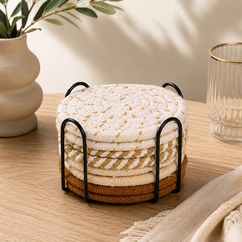 Ronde crème onderzetters set van 8 met metalen houder diameter 11 cm