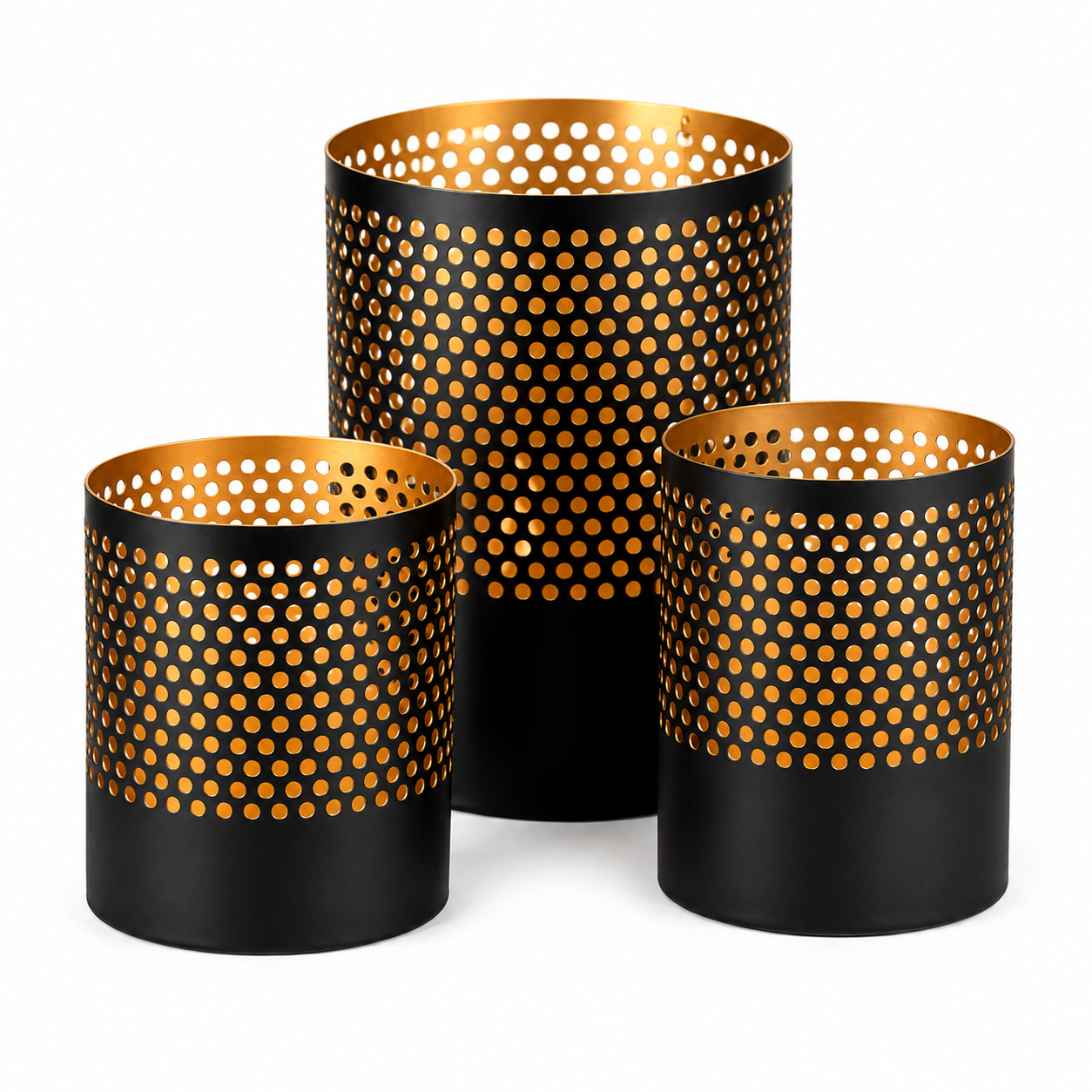 Theelichthouders "Luxe Glow" — Set van 3 | Mat Zwart & Goud