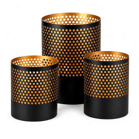 Theelichthouders "Luxe Glow" — Set van 3 | Mat Zwart & Goud