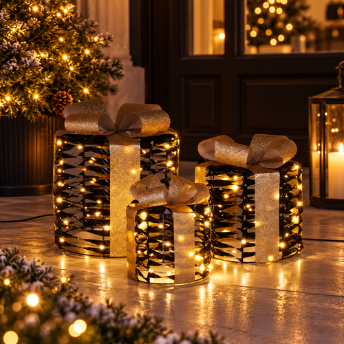 Verlichte kerstpakjes zwart – set van 3