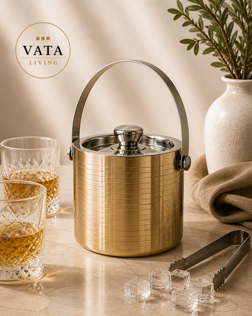 Luxe gouden ijsemmer dubbelwandig RVS met deksel streepdesign 15 cm