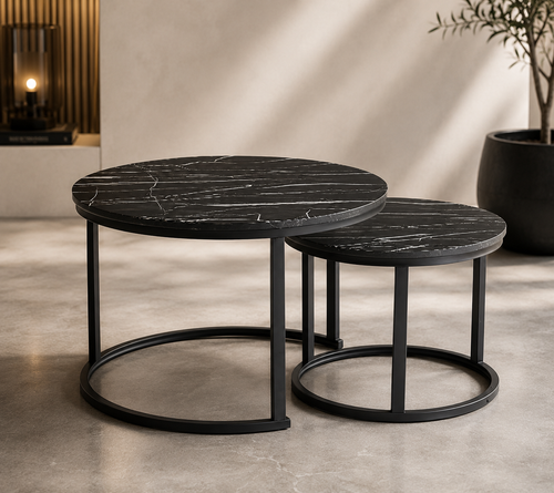 Set van 2 zwarte industriele bijzettafels metaal MDF nesttafels
