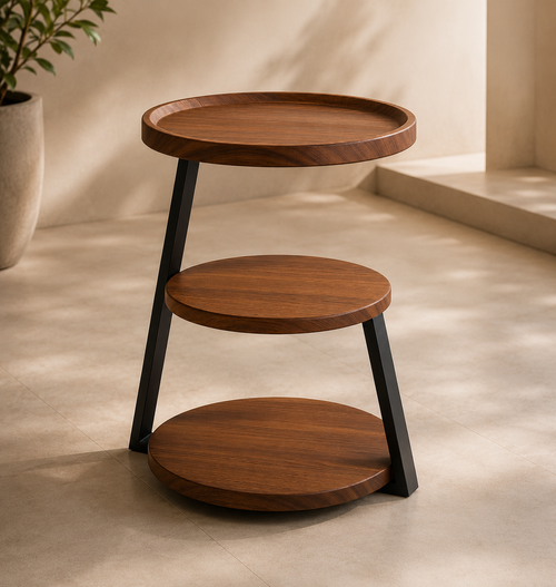 Ronde bijzettafel 3 niveaus bruin houtlook zwart metaal 60 cm