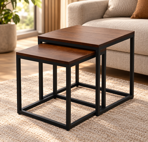 Set van 2 vierkante industriële bijzettafels met metalen frame en MDF-bladen