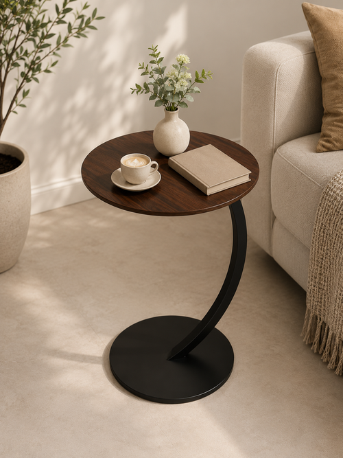 Ronde bijzettafel bruin houtblad zwart metaal C-vorm Ø 40 cm hoogte 60 cm