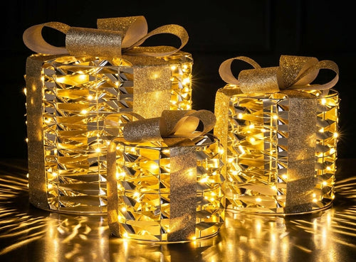 Verlichte kerstpakjes goud – set van 3
