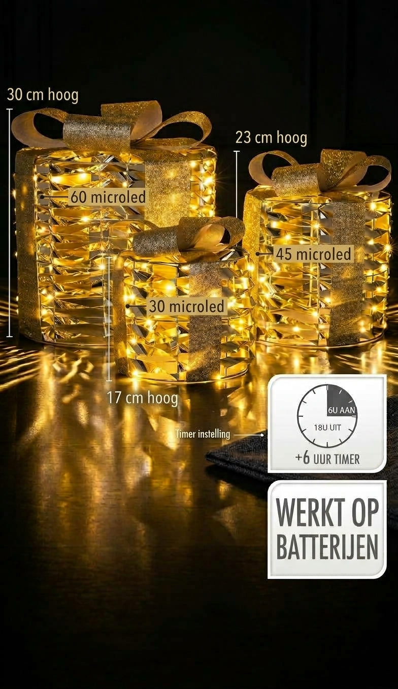 Verlichte kerstpakjes goud – set van 3