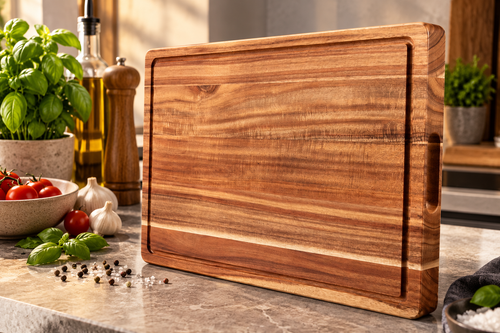 Acacia houten snijplank 38 × 25 × 2,5 cm met sapgroef en handvatten