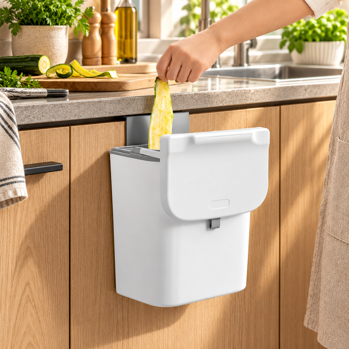 Luxe sfeerbeeld van wit GFT-afvalbakje van 9 liter met schuifdeksel in moderne keuken