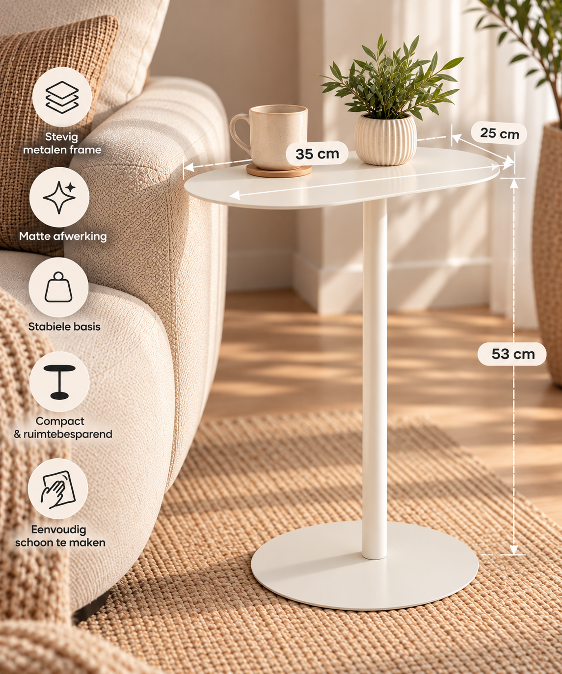 Bijzettafel wit metaal 35 x 25 x 53 cm – maatvoering en specificaties