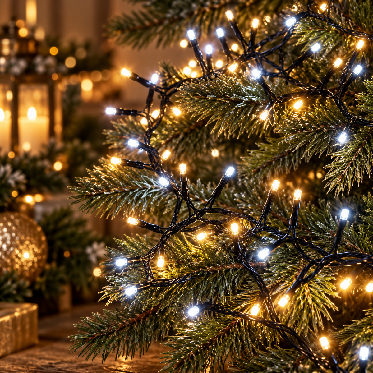 Clusterverlichting 4,9 m met witte en warmwitte leds, detail aan dennentakken