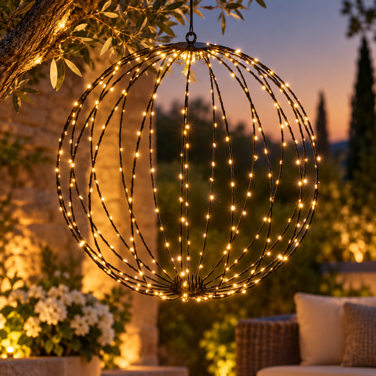 Lichtbol 40 cm met 240 warmwitte ledlampjes en zwart metalen frame in de avond