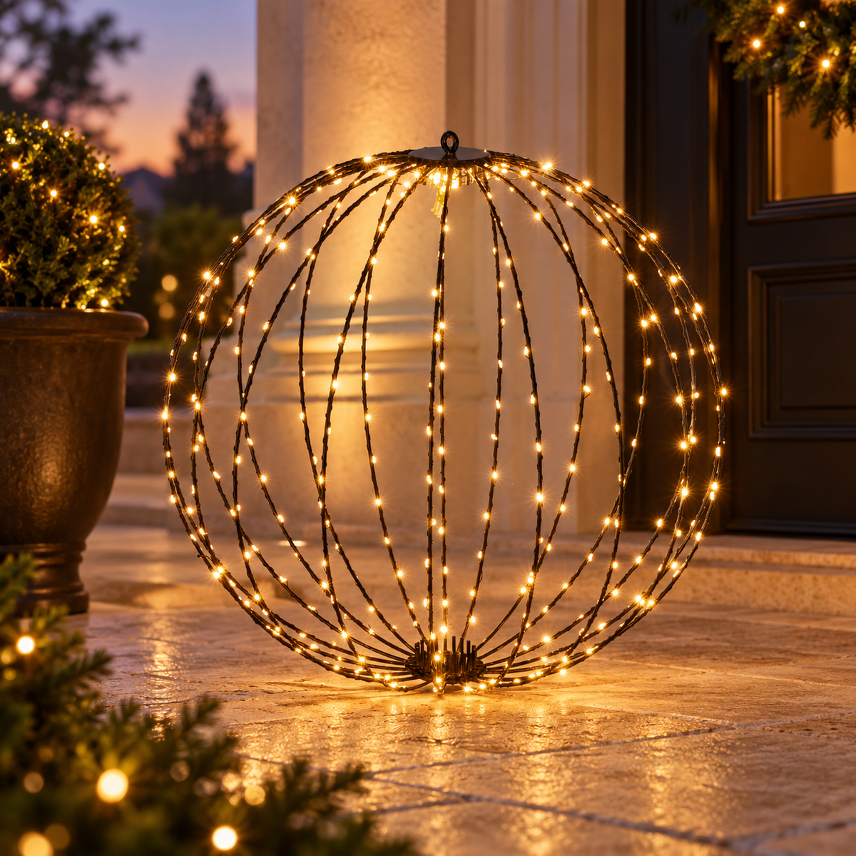 Lichtbol 50 cm met 320 warmwitte ledlampjes en zwart metalen frame bij entree