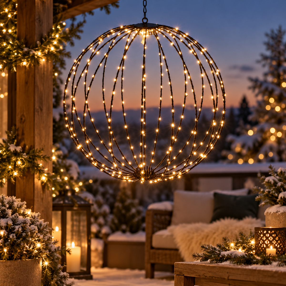 Lichtbol 60 cm met 400 warmwitte ledlampjes en zwart metalen frame in wintertuin
