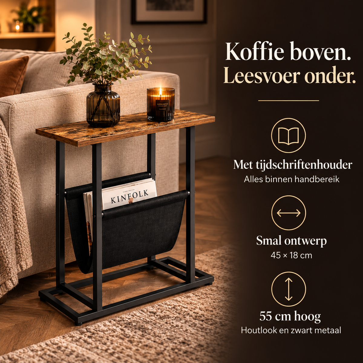 Bijzettafel met tijdschriftenhouder zwart metaal – kenmerken
