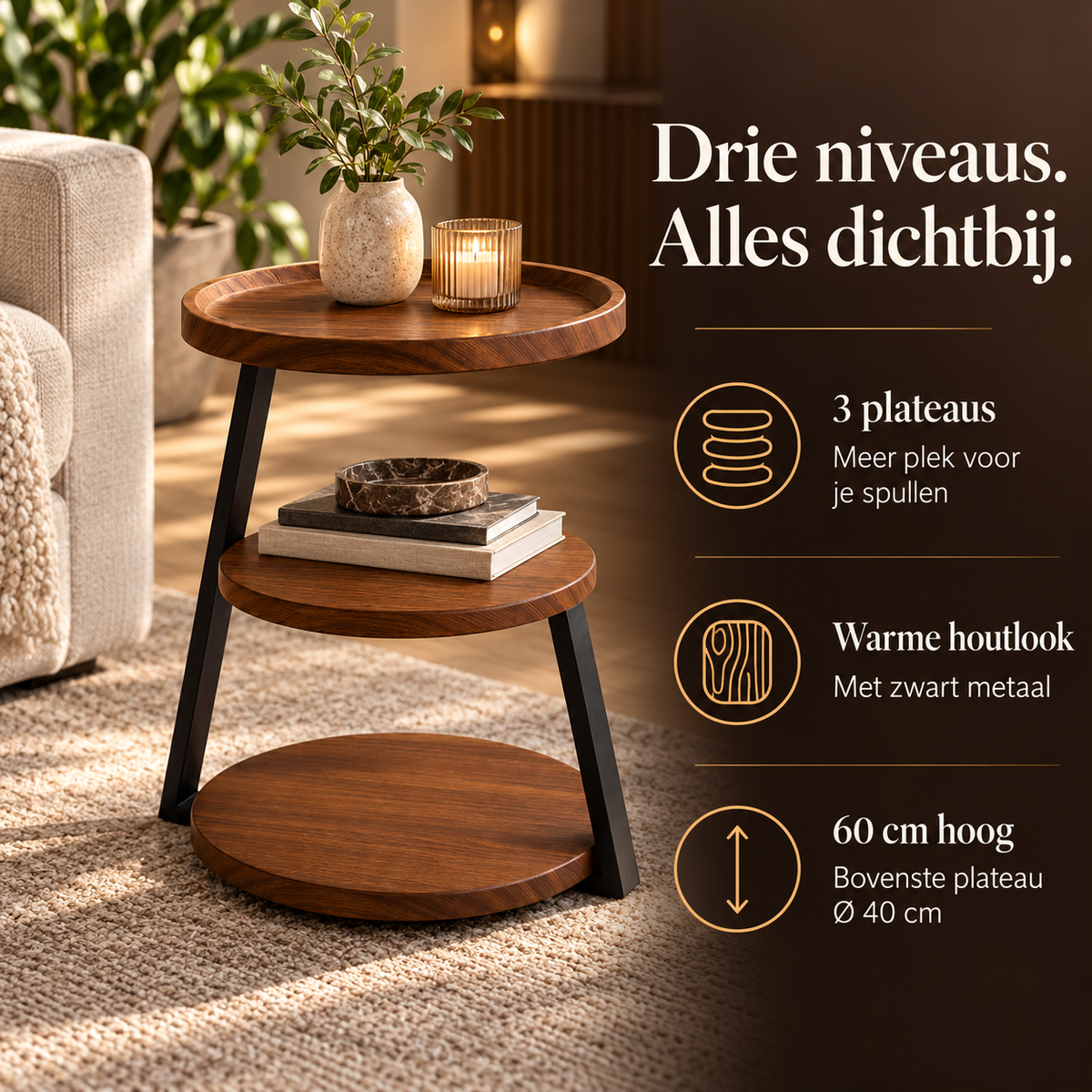 Bijzettafel Rond – 3 Niveaus, Houtlook & Zwart Metaal – voordelen en productkenmerken in een passende omgeving