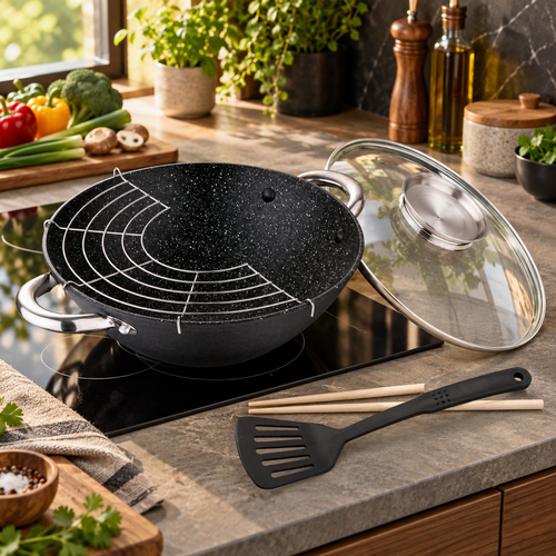 Wok gietijzer met deksel 28 cm, 3,6 liter – sfeerfoto