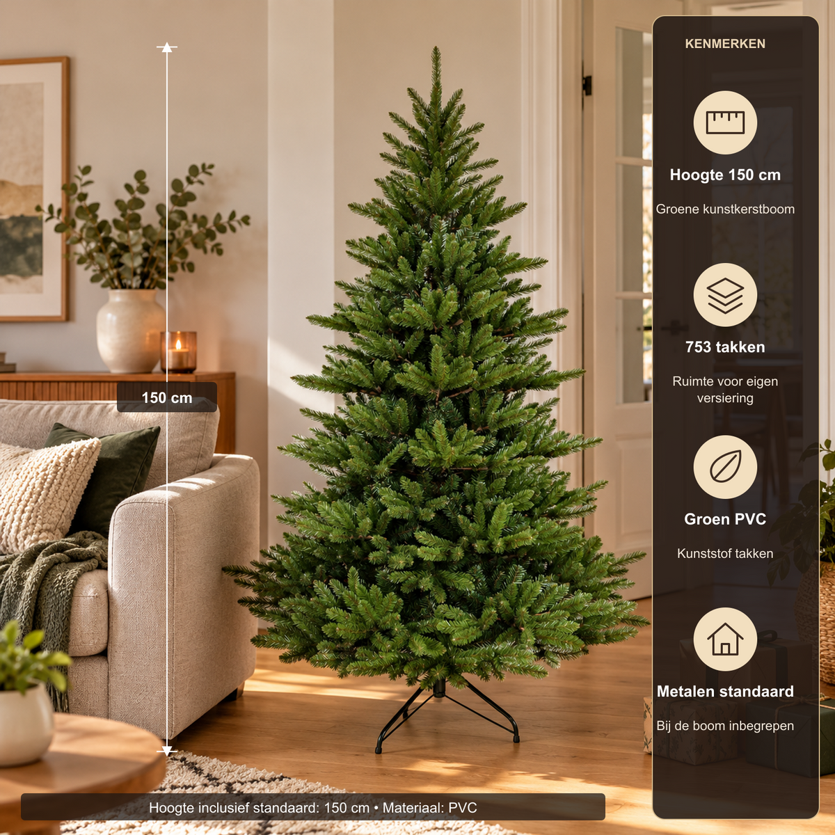 Kunstkerstboom Groen – 150 cm met Metalen Standaard – productkenmerken en afmetingen uit de productspecificaties