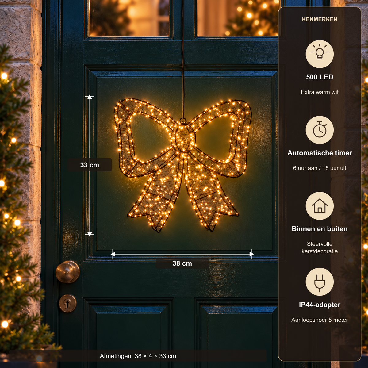 Verlichte kerststrik met maatlijnen 38 cm breed en 33 cm hoog, 500 LED, timer, binnen en buiten en IP44-adapter