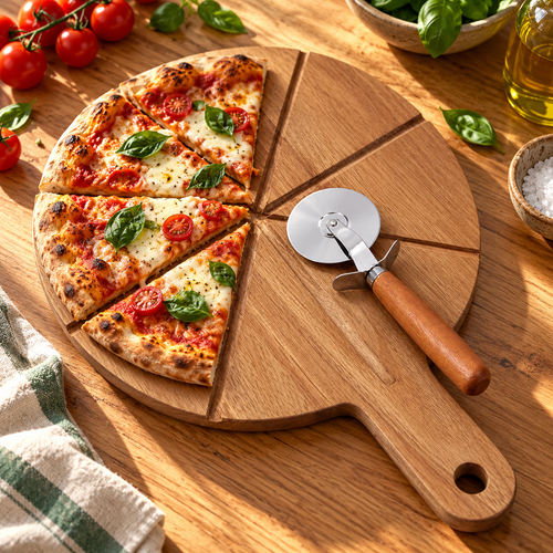Pizzaplank Acaciahout – Ø 30,5 cm met Pizzasnijder – sfeerfoto in een passende omgeving