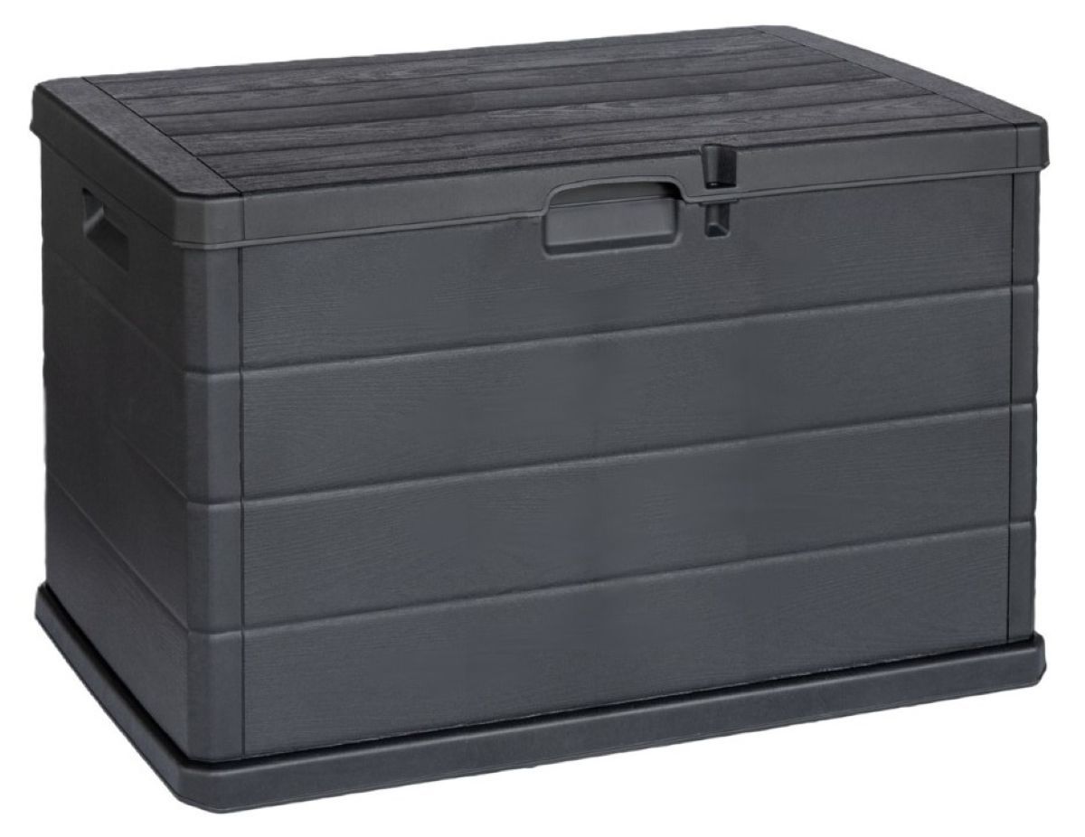 Antraciet kunststof kussenbox met houtlook en kliksysteem, productfoto