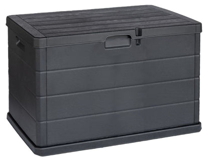 Antraciet kunststof kussenbox met houtlook en kliksysteem, productfoto