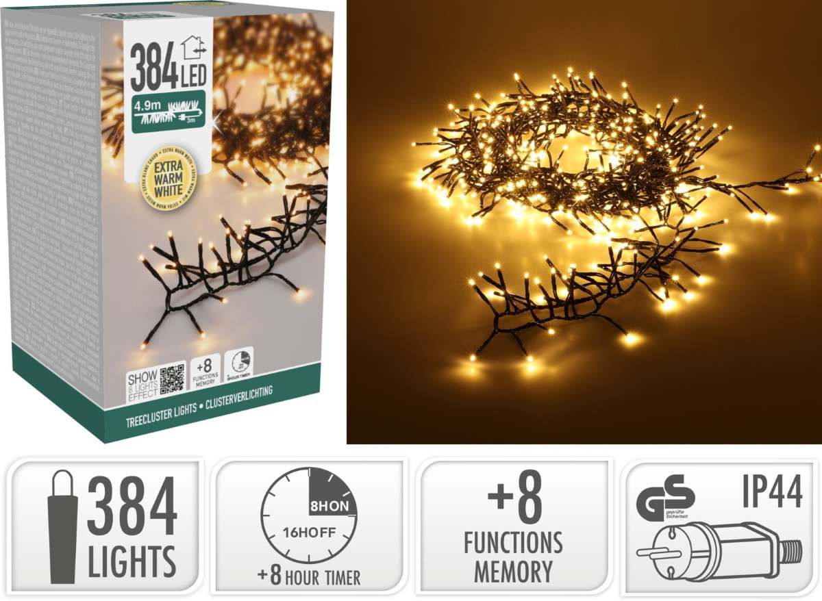 Clusterverlichting kerstboom 4,9 m met 384 extra warmwitte LED