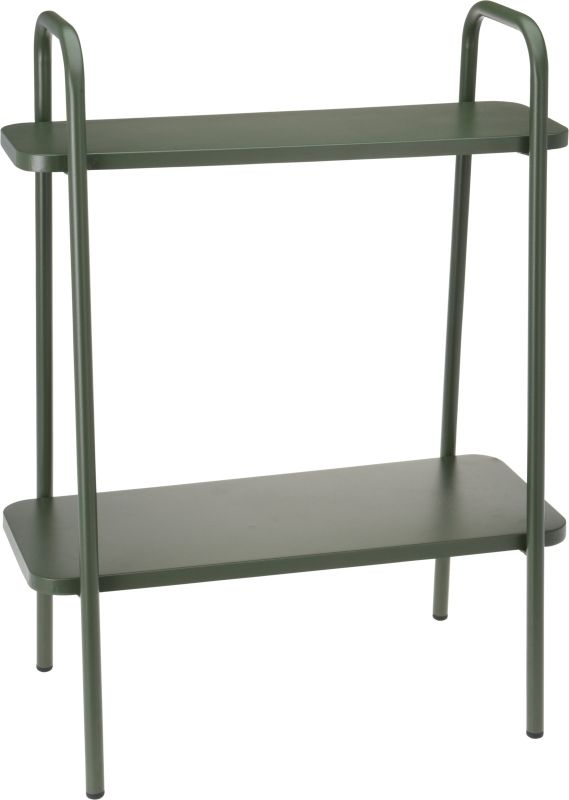 Mat groen plantenrek met twee etages en slank metalen frame