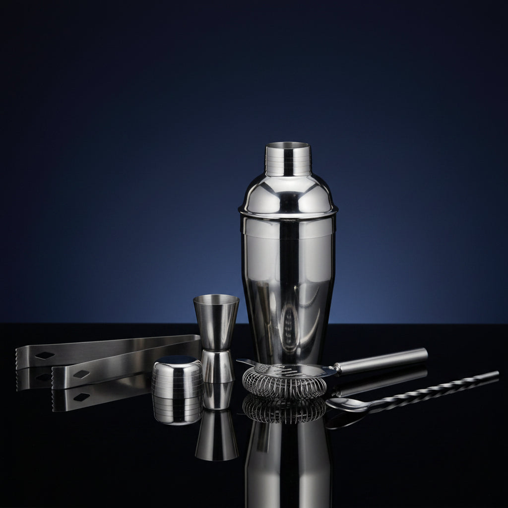 Cocktailset RVS 5-delig met shaker lepel klopper maatbeker en ijstang