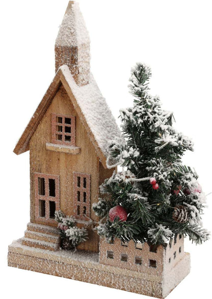 Houten kersthuisje met verlichting en besneeuwd kerstboompje, 44 cm