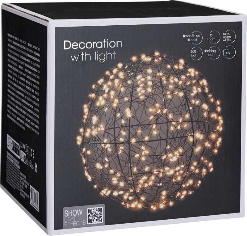 Verlichte decoratiebal zwart met extra warmwit licht