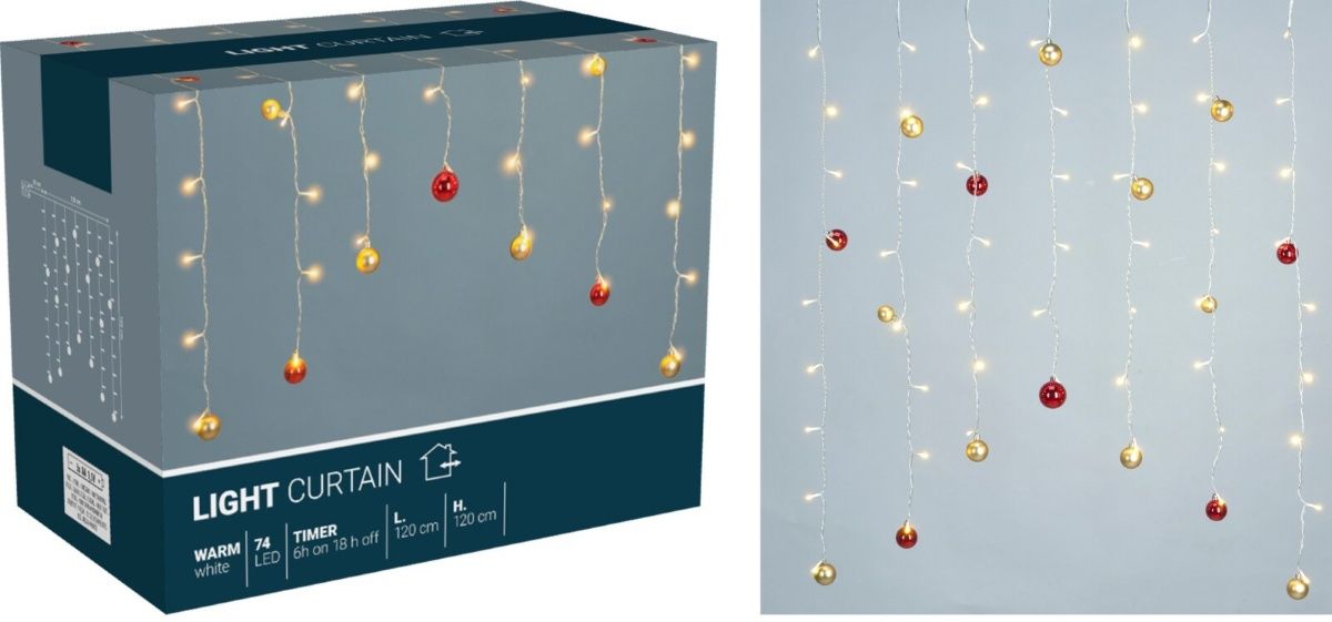 Lichtgordijn met verlichte kerstballen 120 × 120 cm op batterijen