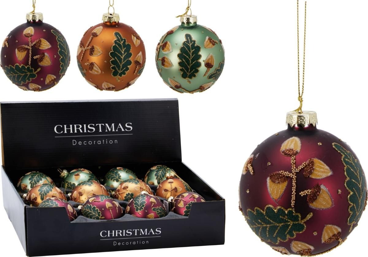 Set van 12 matte glazen kerstballen van 8 cm in goud, groen en rood met geschenkdoos