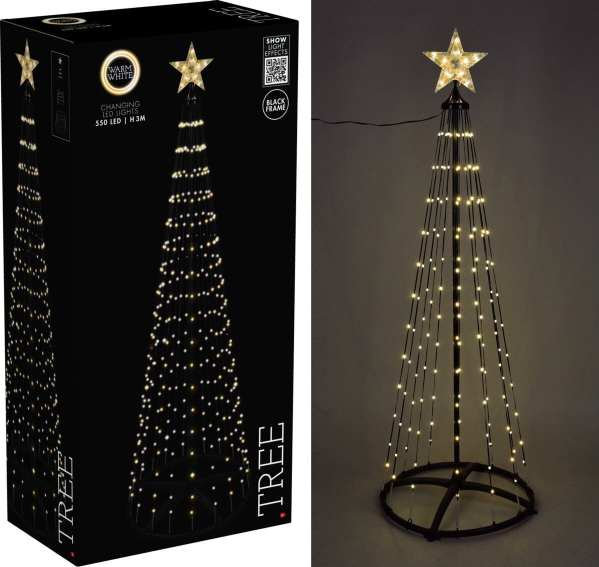 Verlichte kerstboom voor de vlaggenmast van 300 cm met 550 warm witte leds en verlichte piekster