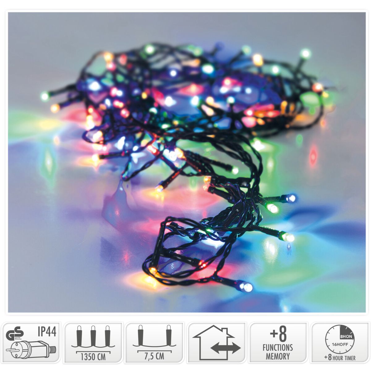 Kerstboomverlichting 13,5 m met 180 multicolor LED en groen snoer