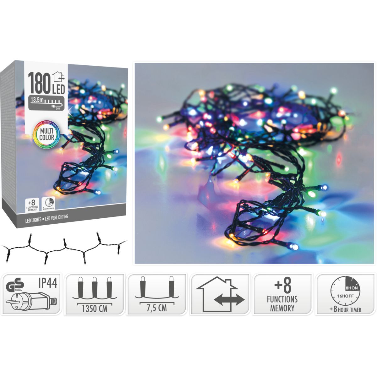 Kerstboomverlichting 13,5 m met 180 multicolor LED en groen snoer – foto 2