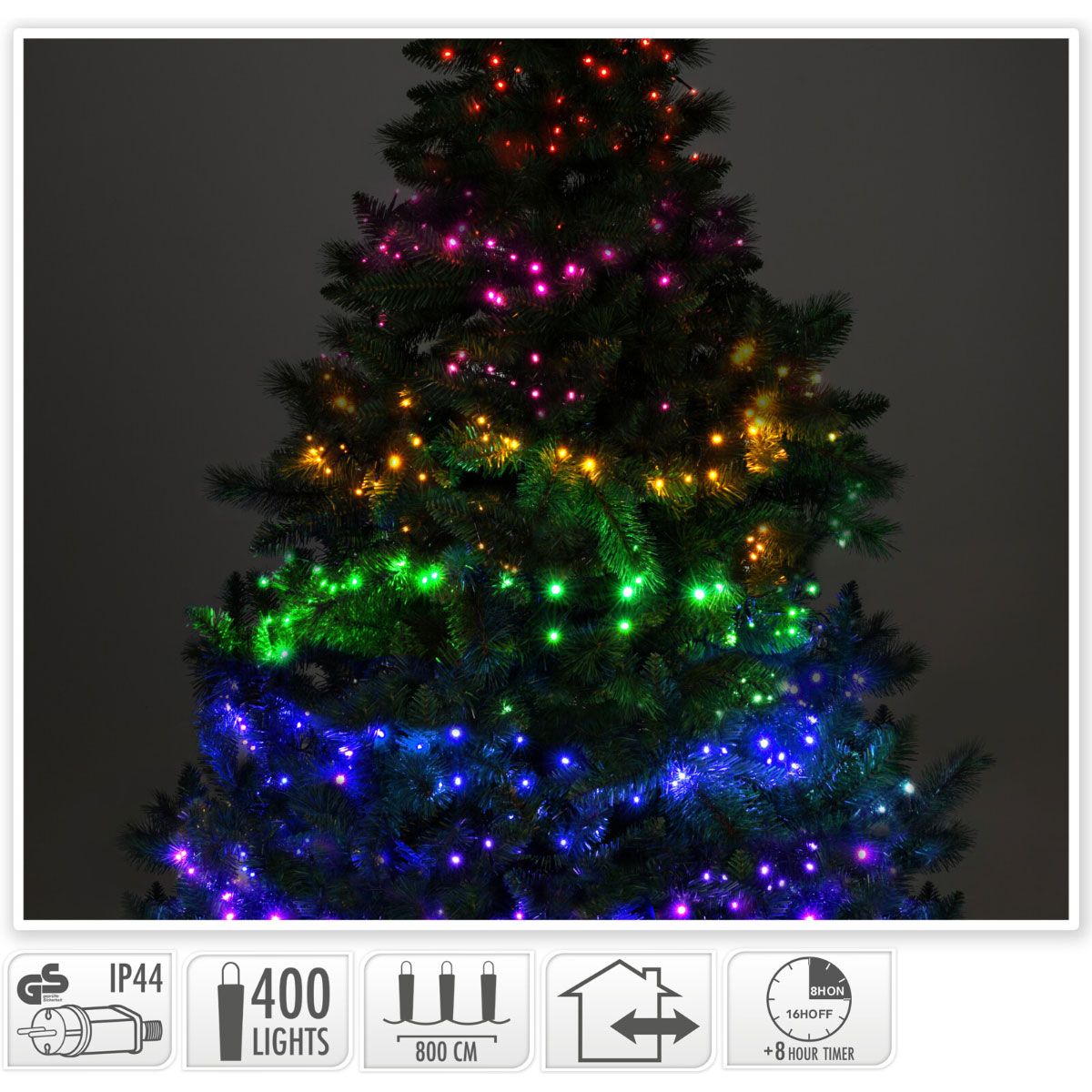 Clusterverlichting van 8 meter met 400 multicolor leds in een kerstboom