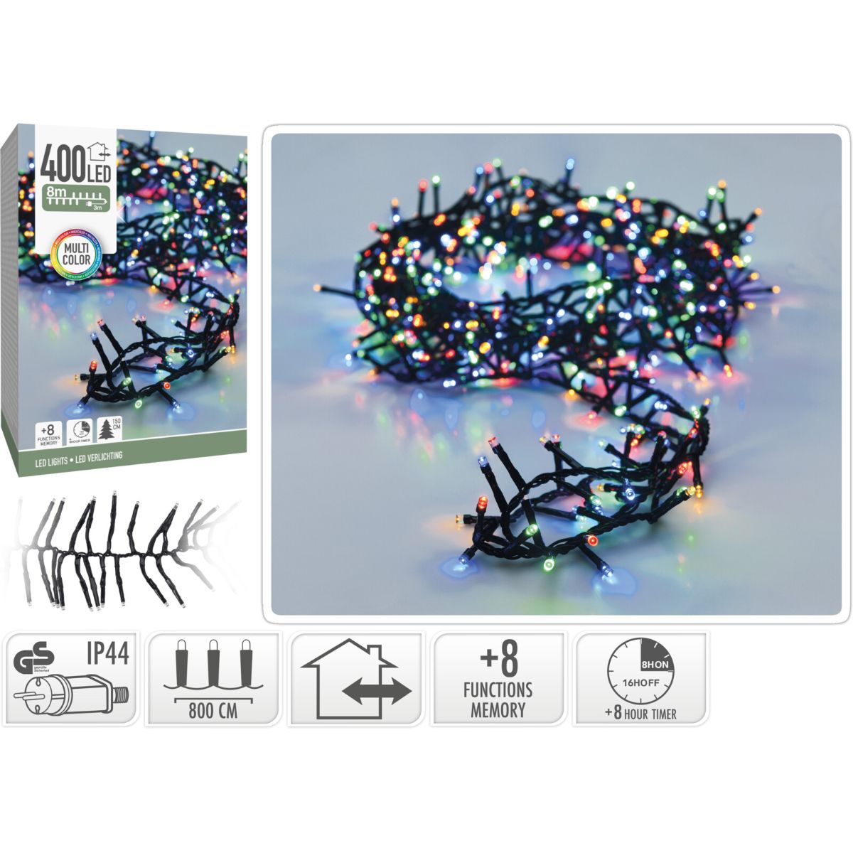 Microcluster - 400 Led - 8M - Multicolor - Timer - Lichtfuncties - Geheugen - Buiten