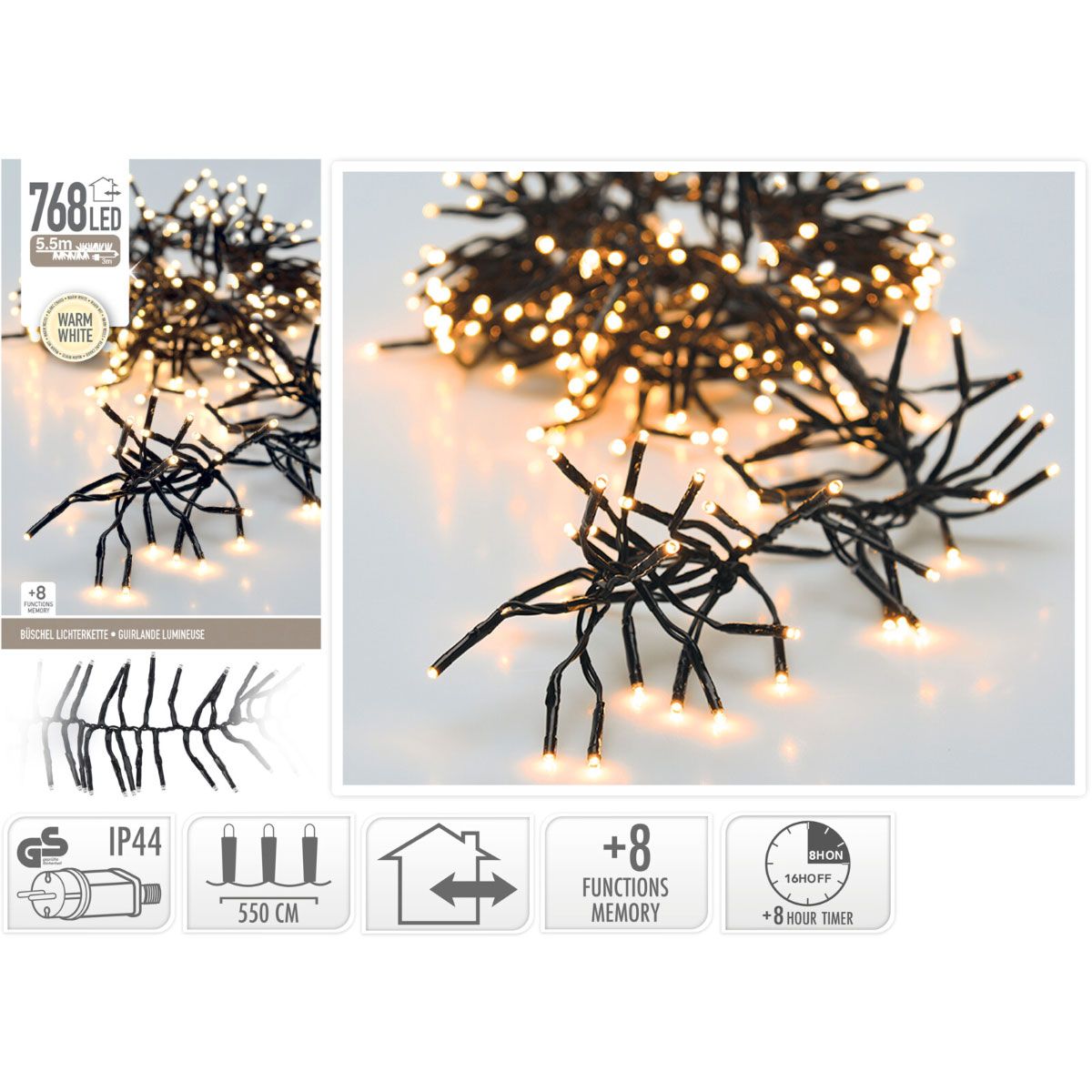 Clusterverlichting van 5,5 meter met 768 warm witte leds en timer, met verpakking en pictogrammen