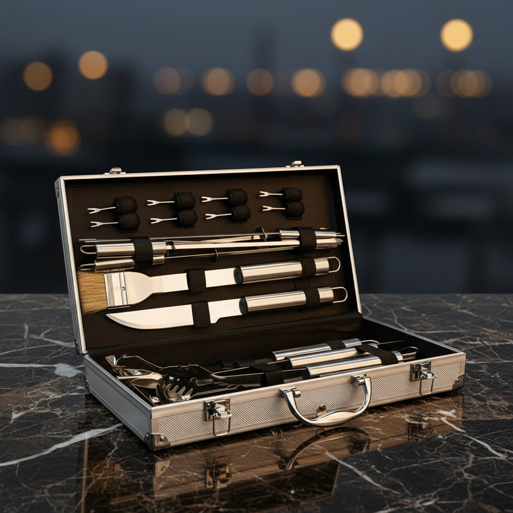 BBQ gereedschap 19-delig luxe editie in aluminium koffer