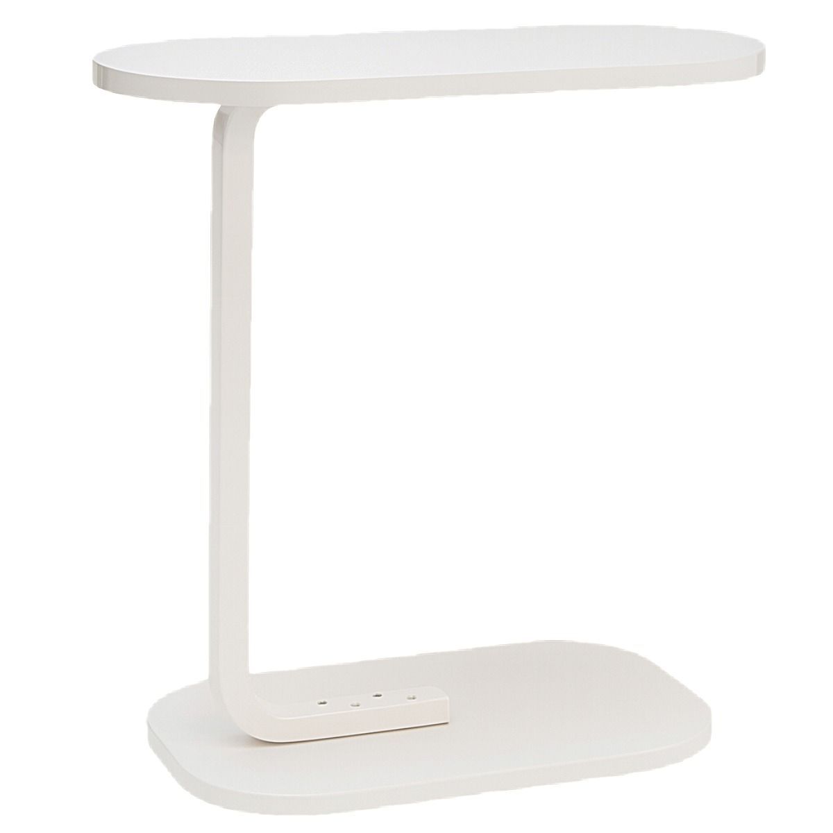 Witte C-vormige banktafel met rond MDF-blad en mat wit metalen onderstel