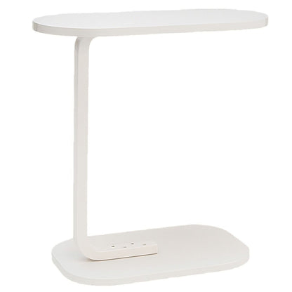 Witte C-vormige banktafel met rond MDF-blad en mat wit metalen onderstel