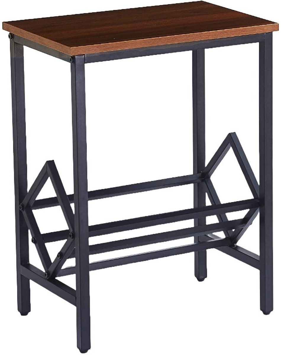 Bijzettafel met platenstandaard voor lp's, houtlook blad en zwart frame