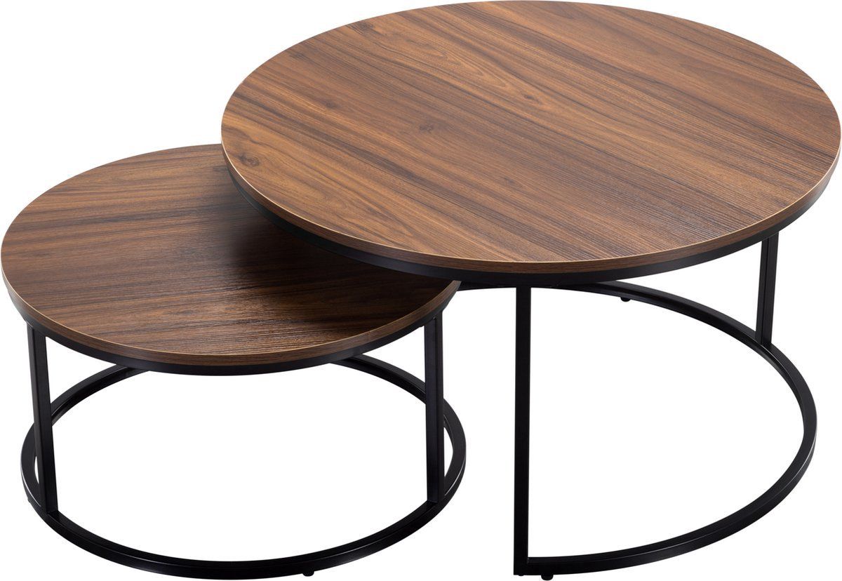 Bijzettafels set Montreal met houtlook-blad en zwart metalen frame