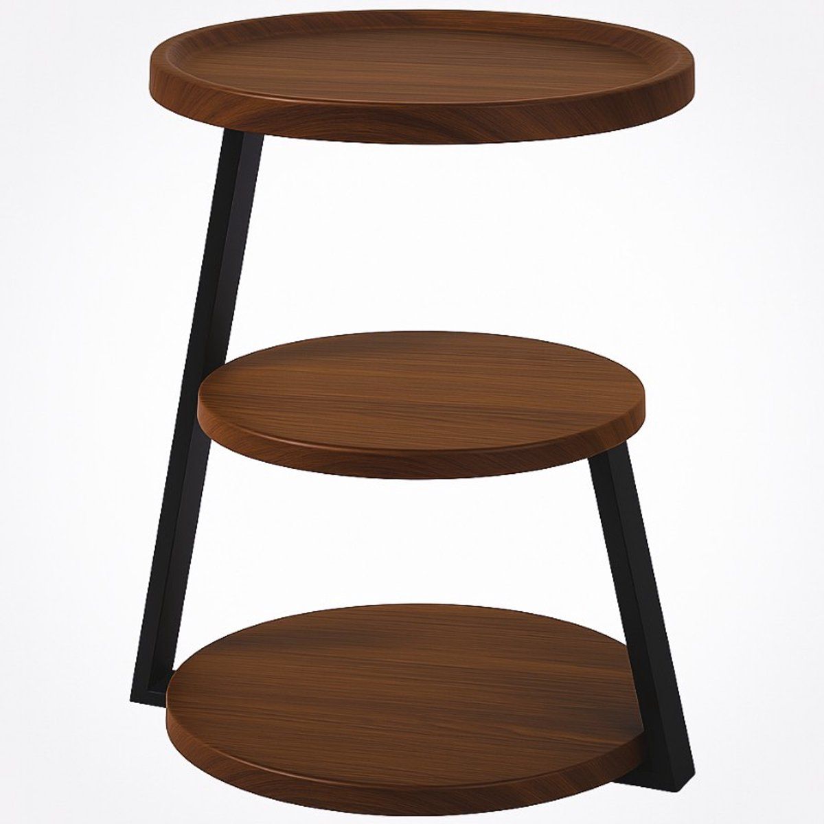 Ronde bijzettafel met 3 niveaus, bruine houtlook bladen en zwart metalen frame
